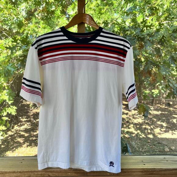 Tommy Hilfiger Men's Vintage T-Shirt White Red Blue Stripe Size L - Picture 1 of 7